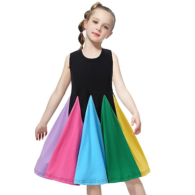 cheap Girls&#039; Clothing-Kids Little Girls&#039; Dress Blue &amp; White Black &amp; Red Rainbow Patchwork Color Block Patchwork Black Blue Cotton Above Knee Sleeveless Active Cute Dresses Loose