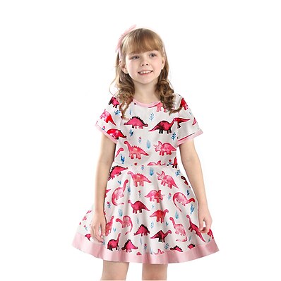 cheap Girls&#039; Clothing-Kids Little Girls&#039; Dress Dinosaur Animal Print Blushing Pink Above Knee Short Sleeve Active Sweet Dresses Regular Fit