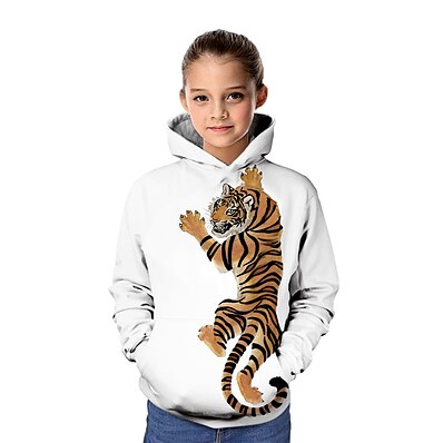 cheap Girls&#039; Tees &amp; Blouses-Kids Girls&#039; Hoodie &amp; Sweatshirt Long Sleeve White 3D Print Tiger Print Graphic 3D Animal Active