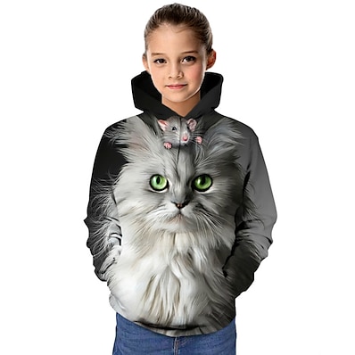 cheap Girls&#039; Clothing-Kids Girls&#039; Hoodie &amp; Sweatshirt Long Sleeve Gray 3D Print Cat Print Cat Graphic 3D Animal School Active