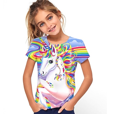 cheap Girls&#039; Clothing-Kids Girls&#039; T shirt Tee Short Sleeve 3D Print Horse Unicorn Print Rainbow 3D Print Graphic Animal Blue Black Pink Children Tops Active Cute Summer School 2-13 Years