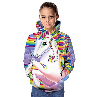 cheap Girls&#039; Clothing-Kids Girls&#039; Hoodie &amp; Sweatshirt Long Sleeve Horse Graphic 3D Animal Print Rainbow Children Tops Active