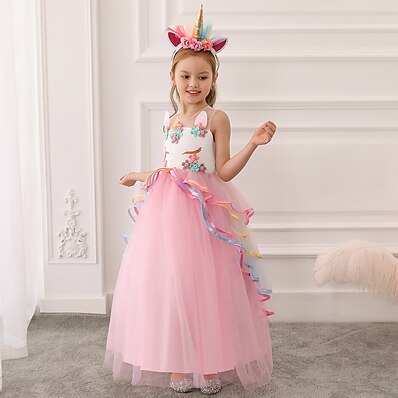 cheap Girls&#039; Clothing-Kids Little Dress Girls&#039; Rainbow Color Block Party Tulle Dress Patchwork Blue Purple Pink Maxi Tulle Sleeveless Princess Sweet Dresses Summer Regular Fit 4-13 Years