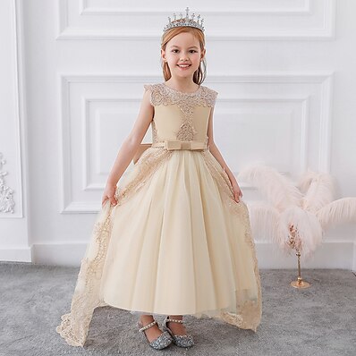 cheap Girls&#039; Clothing-Kids Little Girls&#039; Dress Embroidery Color Block Flower Party Birthday Pegeant Tulle Lace Bow White Pink Dusty Rose Maxi Lace Satin Tulle Sleeveless Formal Princess Dresses Regular Fit 4-13 Years