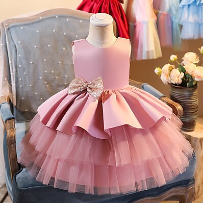 cheap Girls&#039; Clothing-Kids Little Girls&#039; Dress Solid Colored Sequins Bow Blue Blushing Pink Wine Midi Sleeveless Cute Dresses Regular Fit
