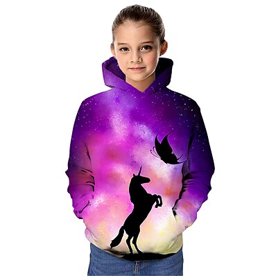cheap Girls&#039; Hoodies &amp; Sweatshirts-Kids Girls&#039; Hoodie &amp; Sweatshirt Unicorn Long Sleeve Graphic 3D Animal Print Fuchsia Children Tops Active School