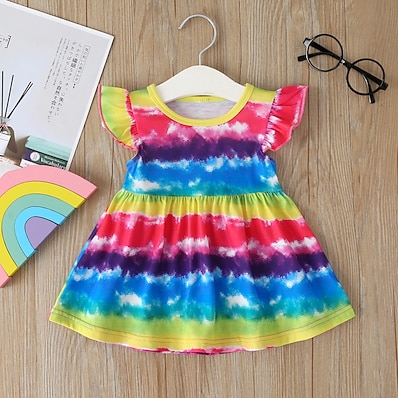 cheap Girls&#039; Clothing-Kids Little Girls&#039; Dress Rainbow Striped Print Sundress Casual Rainbow Above Knee Short Sleeve Sweet Boho Dresses Regular Fit 2-12 Years / Color Block