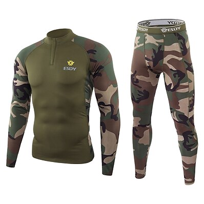 cheap Hunting &amp; Nature-Men&#039;s Ski Base Layer Baselayer Outdoor Spring Thermal Warm Windproof Fleece Lining Breathable Clothing Suit Camo Polyester Camping / Hiking Hunting Fishing CP black CL camouflage / Lightweight