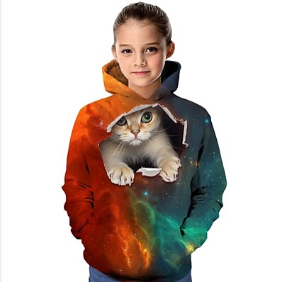 cheap Girls&#039; Hoodies &amp; Sweatshirts-Kids Girls&#039; Hoodie &amp; Sweatshirt Long Sleeve Khaki 3D Print Cat Print Cat Animal School Active 4-12 Years