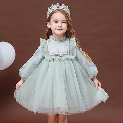 cheap Girls&#039; Clothing-Kids Little Girls&#039; Dress Flower Embroidered Lace Trims Blushing Pink Light Green Knee-length Tulle Long Sleeve Mint color Sweet Dresses Spring &amp;  Fall New Year Regular Fit 3-13 Years