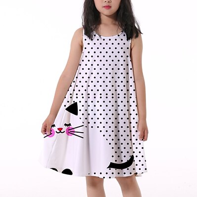 cheap Girls&#039; Clothing-Kids Little Girls&#039; Dress Cat Polka Dot Animal Print White Knee-length Sleeveless Flower Active Dresses Summer Regular Fit 5-12 Years
