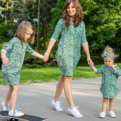 cheap Kids-Mommy and Me Dress Graphic Print Green Knee-length Half Sleeve Matching Outfits / Summer