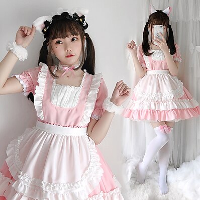 billiga Cosplay till vardagen-Lolita Lolita söt stil Klänningar Piguniform Dam Japanska Cosplay-kostymer Ljusrosa Solid färg Kortärmad Över Knät / Förkläde