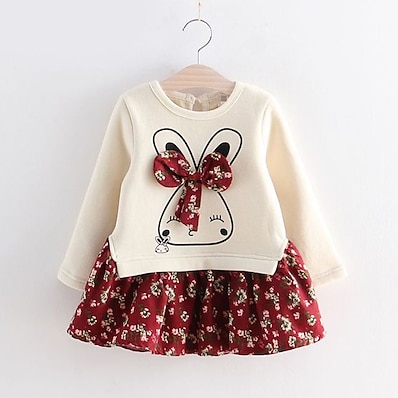 cheap Girls&#039; Clothing-Kids Toddler Little Girls&#039; Dress Rabbit Solid Colored Animal Casual Patchwork Pear Cut Bow Blue Red Cotton Above Knee Long Sleeve Basic Cute Dresses Children&#039;s Day Regular Fit 2-6 Years