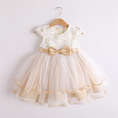 cheap Girls&#039; Clothing-Toddler Little Dress Girls&#039; Jacquard Party Bow White Knee-length Sleeveless Cute Sweet Dresses Summer Slim 1-4 Years