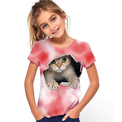 cheap Girls&#039; Clothing-Kids Girls&#039; T shirt Short Sleeve 3D Print Cat Blue White Pink Children Tops Active Cute Summer Daily Outdoor Regular Fit 3-12 Years