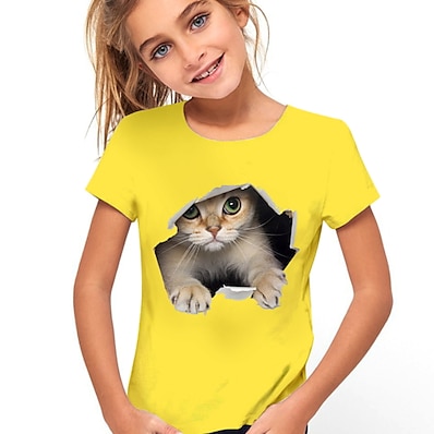cheap Girls&#039; Clothing-Kids Girls&#039; T shirt Cat Short Sleeve Animal Print Yellow Children Tops Active Cute Summer Daily Wear Regular Fit 4-12 Years