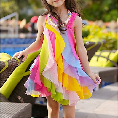 billiga BARN-barn små flickor klänning regnbågsvågor färgglada sundress semester lager en axel fuchsia asymmetrisk ärmlös söt söt boho klänningar sommar normal passform