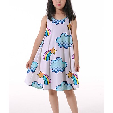 cheap Girls&#039; Clothing-Kids Little Girls&#039; Dress Graphic Ruched Print White Knee-length Sleeveless 3D Print Cute Dresses Loose 4-13 Years