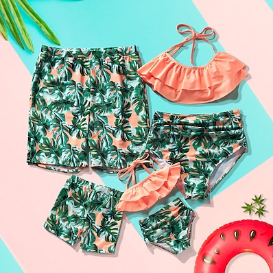 cheap Kids-Family Look Swimwear Graphic Print Green Matching Outfits / Summer