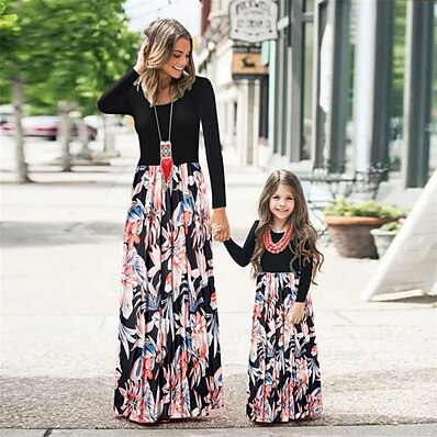 cheap Kids-Family Look Dress Graphic Print Black Maxi Long Sleeve Matching Outfits / Summer