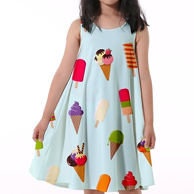 cheap Girls&#039; Clothing-Kids Little Girls&#039; Dress Graphic Print Light Blue Knee-length Sleeveless Flower Active Dresses Regular Fit 5-12 Years
