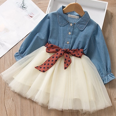 cheap Girls&#039; Clothing-Kids Little Dress Girls&#039; Solid Color Outdoor Denim Dress Tulle Light Blue Active Casual Comfortable Dresses Fall Spring Children&#039;s Day 2-6 Years / Cute