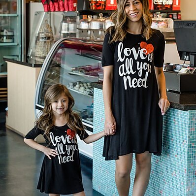 cheap Kids-Mommy and Me Dress Graphic Print Black Knee-length Short Sleeve Matching Outfits / Summer