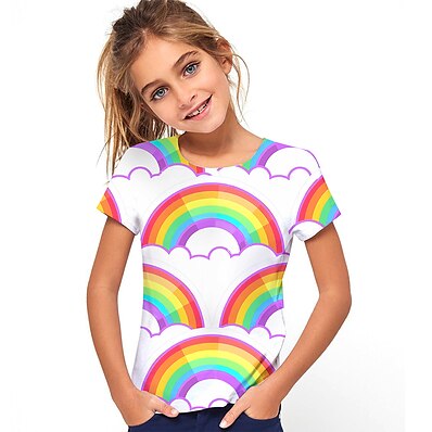 cheap Girls&#039; Tees &amp; Blouses-Kids Girls&#039; T shirt Tee Short Sleeve Rainbow Graphic 3D Print Rainbow Children Tops Active