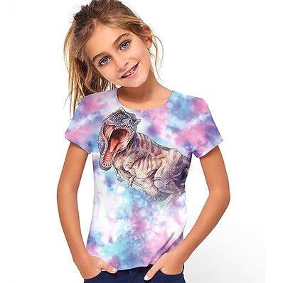 cheap Girls&#039; Clothing-Kids Girls&#039; T shirt Dinosaur Short Sleeve Animal Print Blushing Pink Children Tops Active Cool Summer Daily Wear Regular Fit 4-12 Years