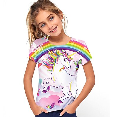 cheap Girls&#039; Clothing-Kids Girls&#039; T shirt Tee Unicorn Short Sleeve Rainbow Graphic 3D Print Blushing Pink Children Tops Active Cute School