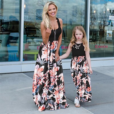 cheap Kids-Mommy and Me Dress Graphic Print Black Maxi Sleeveless Matching Outfits / Summer