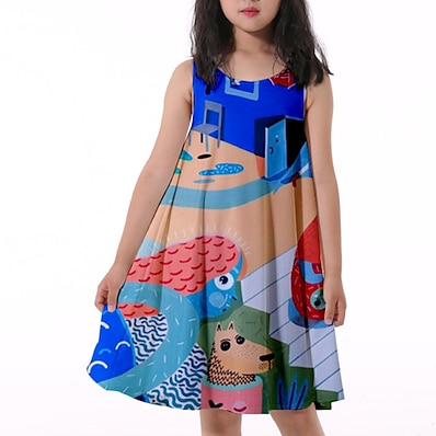 cheap Girls&#039; Clothing-Kids Little Girls&#039; Dress Animal Print Blue Knee-length Sleeveless Active Dresses Summer Regular Fit 5-12 Years