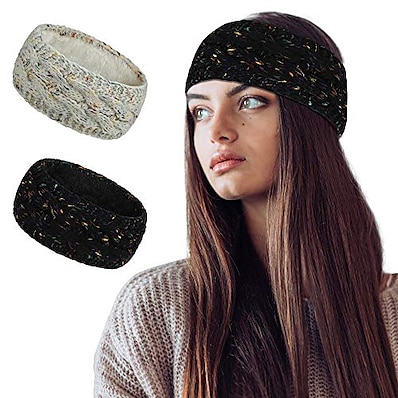 cheap Accessories-soft thick knit fleece lined womens cold weather winter headband ear warmer 2 pack value (confetti black/confetti beige)