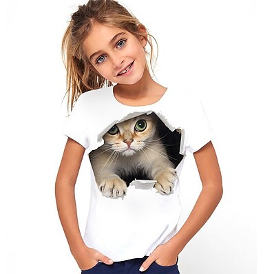 cheap Girls&#039; Clothing-Kids Girls&#039; T shirt Short Sleeve White 3D Print Cat Print Animal Daily Wear Active Cute 4-12 Years / Summer