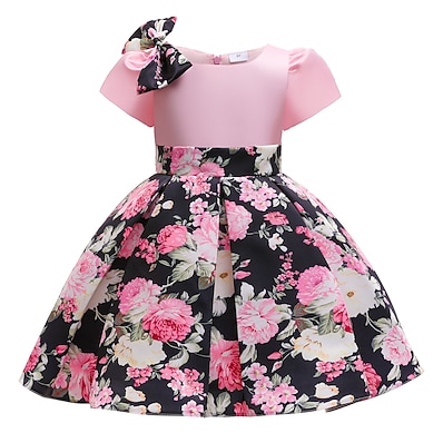 cheap Girls&#039; Clothing-Kids Little Girls&#039; Dress Flower Causal Pleated Print Blushing Pink Knee-length Short Sleeve Sweet Dresses All Seasons