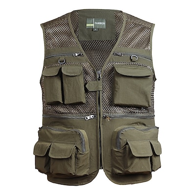 cheap Camping, Hiking &amp; Backpacking-Men&#039;s Sleeveless Fishing Vest Hiking Vest Vest / Gilet Jacket Top V Neck Outdoor Autumn / Fall Spring Summer Quick Dry Lightweight Breathable Multi Pockets Cotton Blend Solid Color Army Green Khaki