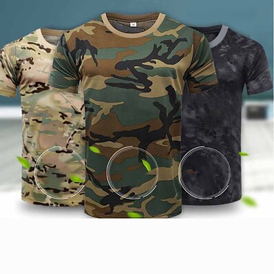 cheap Hunting &amp; Nature-Men&#039;s Camo Camouflage Hunting T-shirt Tactical Military Shirt Short Sleeve Outdoor Quick Dry Breathable Sweat-Wicking Summer Polyester Top Camping / Hiking Hunting Performance Combat Army Green