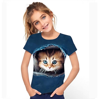 cheap Girls&#039; Clothing-Kids Girls&#039; Tee Short Sleeve 3D Print Cat Cat Graphic Animal Pink Rainbow Red Children Tops Active Cute 3-12 Years
