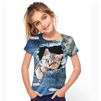 cheap Girls&#039; Clothing-Kids Girls&#039; Tee Short Sleeve Cat Graphic Animal Rainbow Children Tops Active Cute 3-12 Years