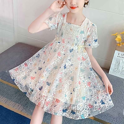 cheap Girls&#039; Clothing-Kids Little Girls&#039; Dress Jacquard Animal White Festival Lace Patchwork White Above Knee Lace Short Sleeve Active Cute Dresses Summer Children&#039;s Day Slim 3-13 Years