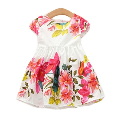 cheap Girls&#039; Clothing-Kids Toddler Little Girls&#039; Dress Trees / Leaves Flower Tropical Leaf White School Holiday Patchwork Print Yellow Red Knee-length Short Short Sleeve Active Princess Dresses Summer Regular Fit 2-8 Years