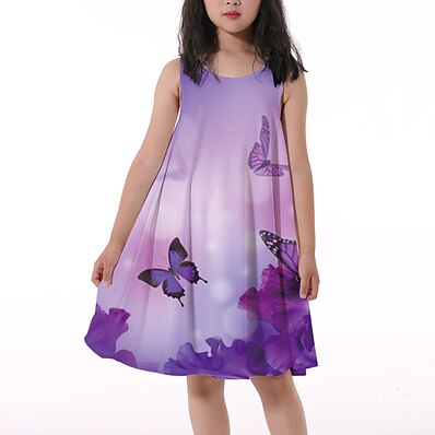 cheap Girls&#039; Clothing-Kids Little Girls&#039; Dress Butterfly Floral Animal Tank Dress Print Purple Knee-length Sleeveless Flower Active Dresses Regular Fit 5-12 Years