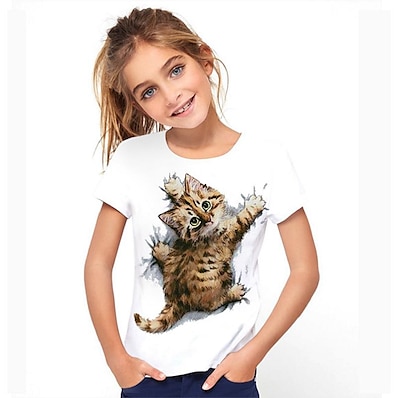 cheap Girls&#039; Clothing-Kids Girls&#039; Tee Cat Short Sleeve Graphic Animal Rainbow Children Tops Active Cute 3-12 Years