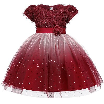 cheap Girls&#039; Clothing-Kids Little Girls&#039; Dress Cartoon Sequin Flower Party Birthday Party Sequins Layered Mesh Blushing Pink Wine Gold Above Knee Short Sleeve Streetwear Cute Dresses Children&#039;s Day Slim 3-12 Years