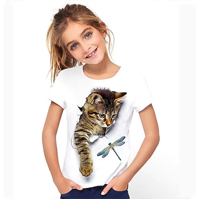 cheap Girls&#039; Clothing-Kids Girls&#039; Tee Short Sleeve 3D Print Cat Cat Graphic Animal Colorblock Blue White Children Tops Active Cute 3-12 Years