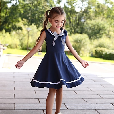 Χαμηλού Κόστους Ρούχα για Κορίτσια-Παιδιά Λίγο Φόρεμα Κοριτσίστικα Ριγέ Συμπαγές Χρώμα Σχολικές Στολές Σχολείο Causal Αμάνικο φόρεμα Φιόγκος Βαθυγάλαζο Ως το Γόνατο Βαμβάκι χαριτωμένο στυλ Γλυκός Φορέματα Καλοκαίρι Κανονικό 3-13 χρόνια