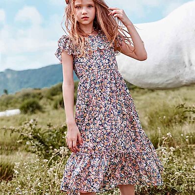 cheap Girls&#039; Clothing-Kids Little Girls&#039; Dress Red Rabbit Floral Holiday Patchwork Print Fuchsia Midi Cute Dresses Children&#039;s Day Spring &amp; Summer 4-13 Years