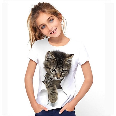 hesapli Kız Çocuk Kıyafetleri-Çocuklar Genç Kız T gömlek Tişört Kısa Kollu 3D Baskı Kedi Kedi Grafik Hayvan Havuz Beyaz Siyah Çocuk Üstler Actif sevimli Stil 3-12 Yıl