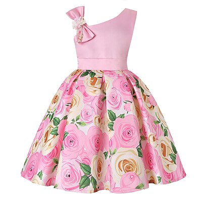 cheap Girls&#039; Clothing-Kids Little Dress Girls&#039; Floral Party Bow Print Green Blue Purple Above Knee Sleeveless Cute Dresses Slim 3-10 Years